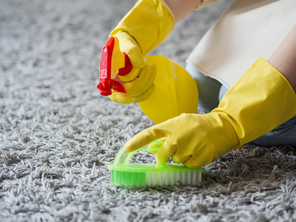 Close-up of professional carpet cleaning – worker in yellow gloves using a spray bottle and scrub brush to remove stains from a light-colored rug